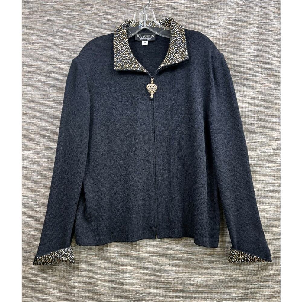 St John Evening Jacket Black with Ornate Gold & Silver Collar &Lapel Size 14